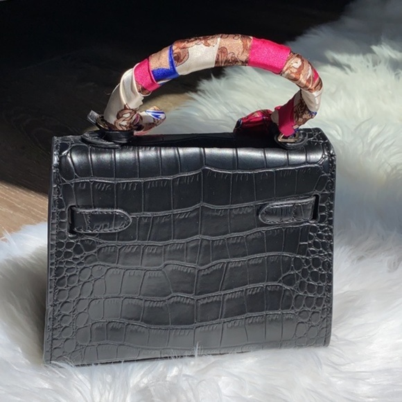 House of Hello HK Black Croc Big Eyes Kelly Style Tote Crossbody Bag Purse - Picture 5 of 16